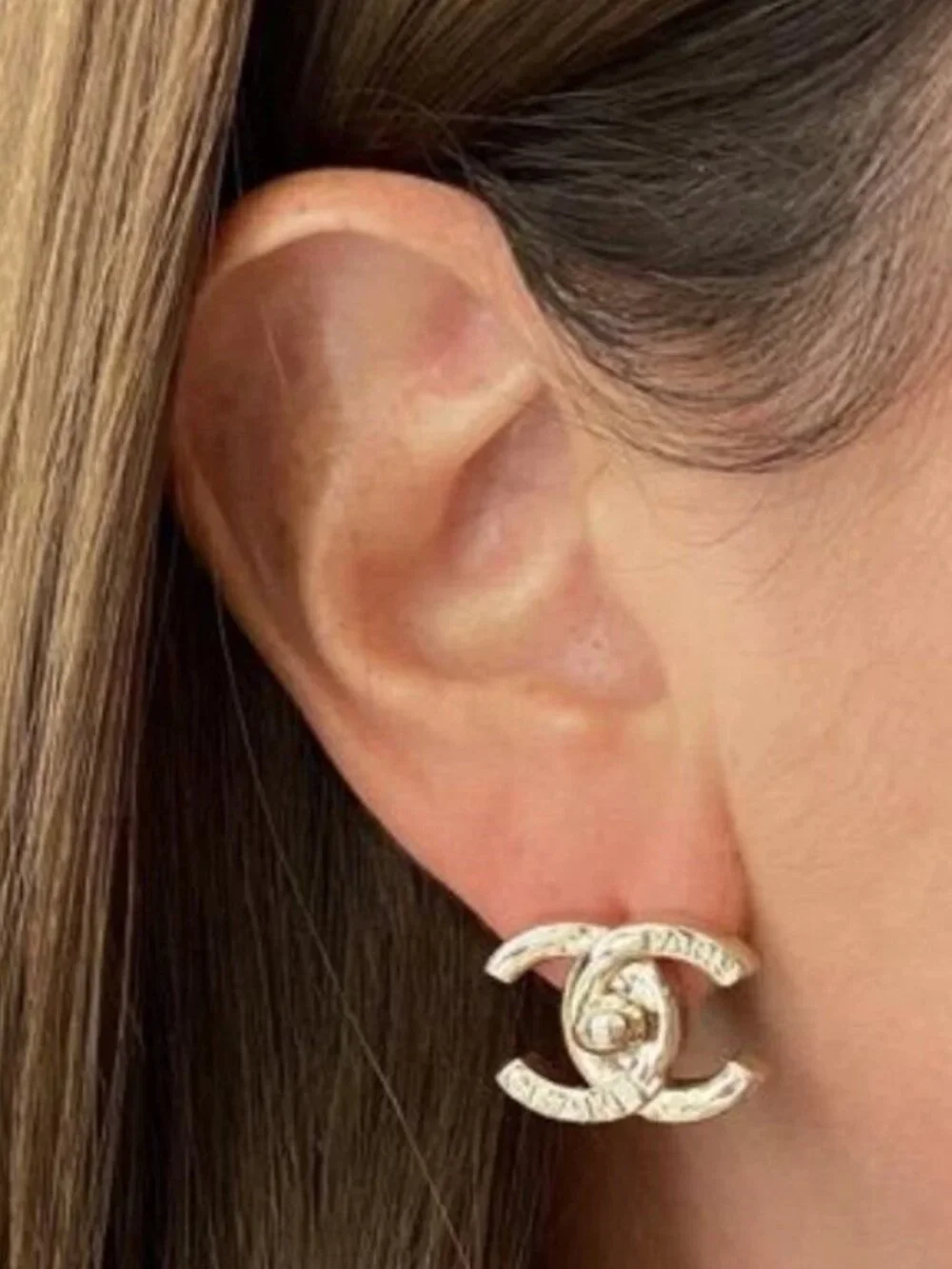 Chanel CC Logo Love Lock Turnlock Stud Earrings Gold color, NWT